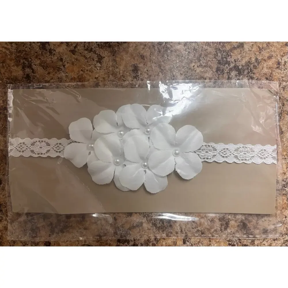 White Floral Lace Baby Headband Baptism Christening Wedding Flower Girl